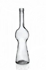 Bottle made of transparent, colorless glass for alcoholic beverages. Isolated on a white background.