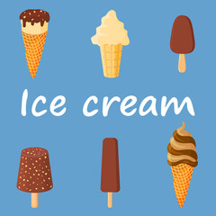 Ice cream on a blue background .Sweet summer dessert.Vector illustration.A set of ice cream with different flavors, textures and fillers.