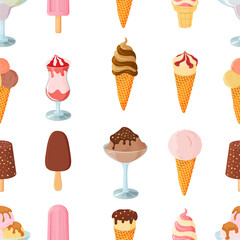 Seamless ice cream pattern .Sweet summer dessert.Vector illustration.A set of ice cream with different flavors, textures and fillers.
