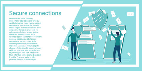 Secure connections.Using antivirus programs.Secure data transfers.An illustration in the style of a green landing page.