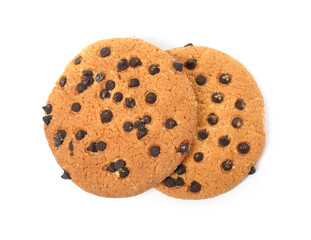 Delicious chocolate chip cookies on white background, top view