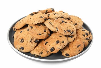 Plate of delicious chocolate chip cookies isolated on white