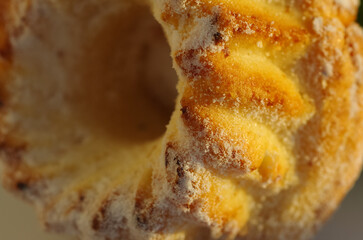 Appetizing muffin sprinkled with powdered sugar close-up.