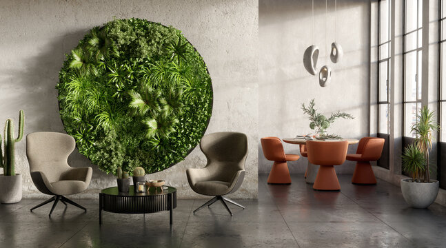 Vertical Green Wall in a living room interior, 3d render 