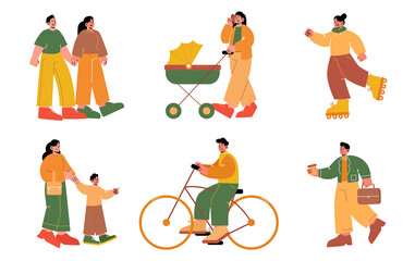 Set of people walk, outdoor summer activities. Isolated characters holding hands walking together, mother with baby in stroller and toddler, rollerblading, riding bicycle, Line art vector illustration