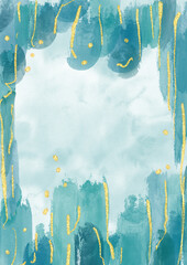 Abstract, modern watercolor paper in teal and gold. 
Abstract, letter page-sized, colorful watercolor texture background.