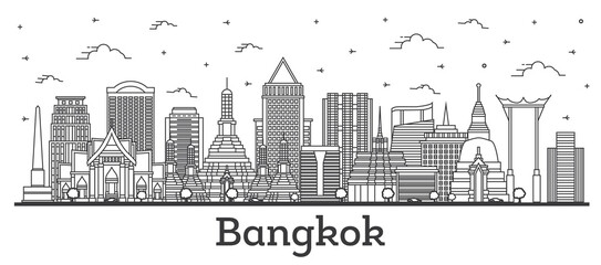 Outline Bangkok Thailand City Skyline with Modern and Historic Buildings Isolated on White.
