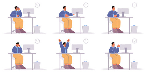 Office worker sitting at desk with computer with different face expressions. Vector flat illustration of man employee busy, happy, angry, sad, worry and think