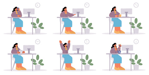 Woman worker sitting at desk with computer in office. Vector flat illustration of girl employee with different expressions, happy, pensive, use phone, eat food, with coffee and clipboard