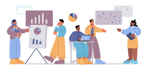 Diverse people team work with analytic data on dashboard with graphs and charts. Vector flat illustration of business analysis, teamwork of multiracial employees