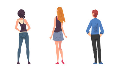 Obraz premium Back view of people. Slim girls in fashionable outfit and young man in casual clothes cartoon vector illustration
