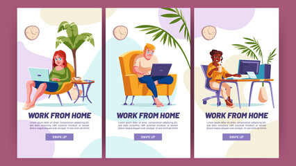 Work from home cartoon web banners, relaxed freelancers characters distant freelance occupation. Remote outsource job, self-employed workers with laptops in room, Vector mobile app onboard screens