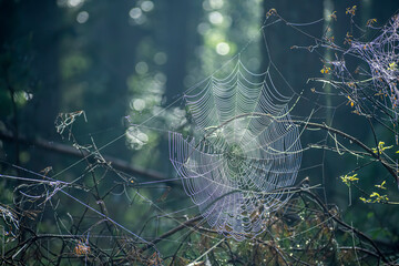 Large spiderweb with dew drops. Messy pine of withered pine tree branches, dark morning in a forest. Selective focus on the details, blurred background.