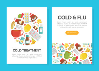 Cold and Flu Remedy with Pills and Medicine Landing Page Vector Template