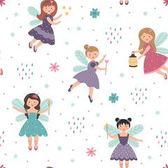 Cute cartoon fairies with magic wands and wings. A fun seamless pattern with beautiful girls. Vector illustration