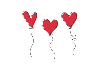 Set of 3 red heart-shaped balloons, individual hand drawn shapes with ribbons and offset black outlines. Valentine's Day romantic heart balloons.