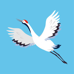 Red Crowned Crane as Long-legged and Long-necked Bird Flying with Spread Wings on Blue Background Vector Illustration