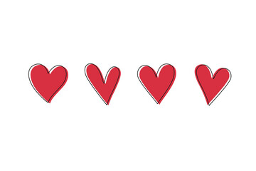 4 simple hearts for Valentine's Day, love, sweet, romantic projects. Red hand drawn hearts with black offset outline.