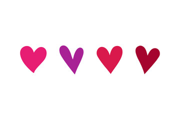 4 simple hearts for Valentine's Day, love, romantic projects. Red, pink and purple hand drawn heart shapes.