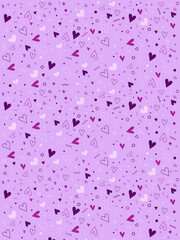 Purple heart variety background with pattern of pink, purple and white hand drawn hearts. Pretty, cute wallpaper for Valentine's Day, birthday celebrations, parties