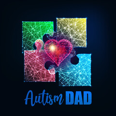 Autism awareness vector illustration. Phrase Autism Dad and 4 colorful puzzle pieces and red heart