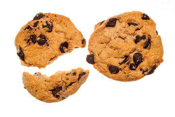 Close-up chocolate chip cookies on a white background.