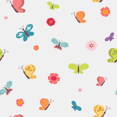 Fototapeta na wymiar Seamless vector butterfly pattern. flying insect summer background. Colorful texture, wrapping paper, rustic wallpaper, nature backdrop textile. Wrapping paper, wallpaper, textile for children