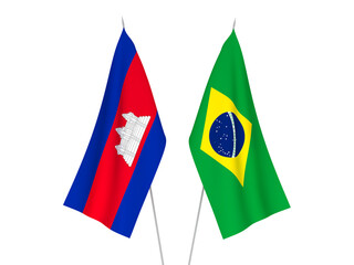 National fabric flags of Brazil and Kingdom of Cambodia isolated on white background. 3d rendering illustration.