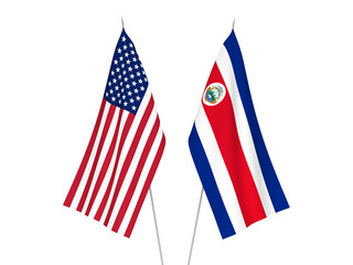 National fabric flags of America and Republic of Costa Rica isolated on white background. 3d rendering illustration.