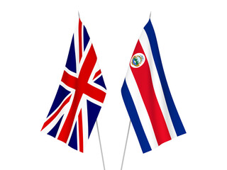 National fabric flags of Great Britain and Republic of Costa Rica isolated on white background. 3d rendering illustration.