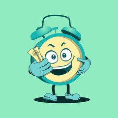 Alarm clock cartoon character. Vector illustration. Happy expression