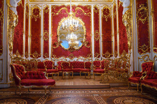 SAINT PETERSBURG, RUSSIA - FEBRUARY 17, 2022: Interior of the boudoir of the Russian Empress Maria Alexandrovna (wife of Emperor Alexander II) in the Winter Palace. Hermitage Museum