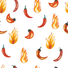 Hot pepper seamless pattern. Hot chili pepper and flames background. Vegetables. Food. Perfect for printing restaurant menus and posters. Hand Drawn Cartoon Vector illustration