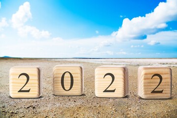 Goodbye year. Wooden blocks with numbers 2022 on nature background