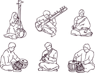 Indian musician playing traditional musical instruments. Vector silhouette set - obrazy, fototapety, plakaty