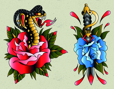 cobra and rose an dagger rose traditional tattoo