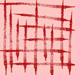 Vector seamless pattern with red ink stripes on pink background. Monochrome hand drawn texture