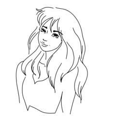 cartoon lineart anime young girl with thick hair smile