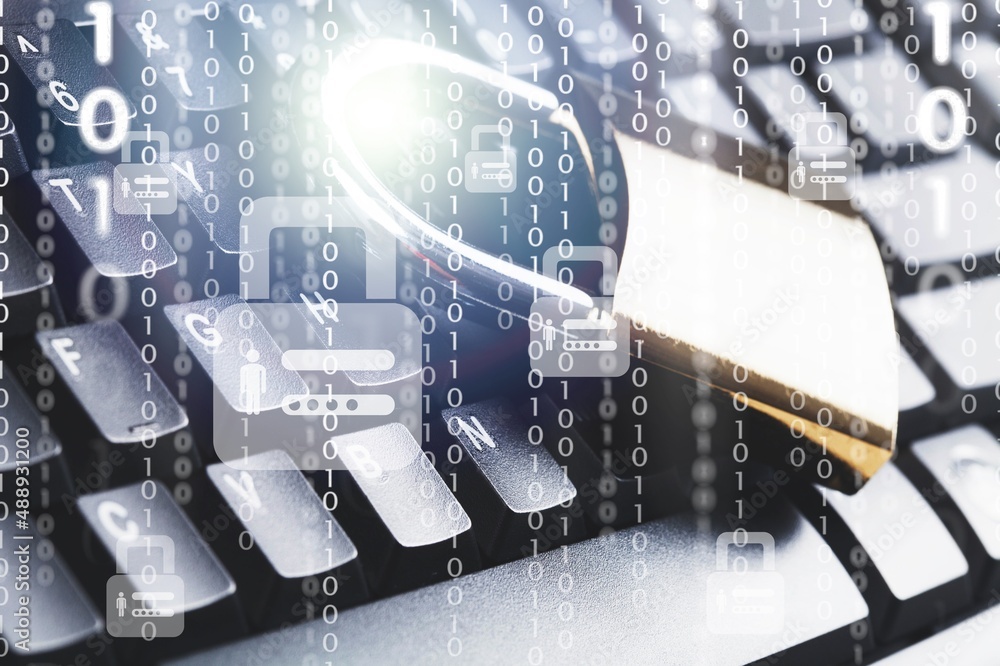 Poster concept of cyber security, information and encryption, secure access to user's personal information,