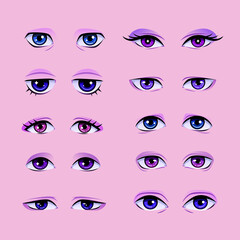 Set of Makeup Eyes. Different Shape, types of eyes, eyelashes. Isolated face part of pink background. Vector illustration
