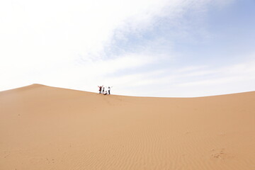 Fototapeta na wymiar Chinese tourists trekking in Alxa desert