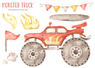 Monster truck red watercolor with fire, SUV, truck, flags, shadow, smoke © MarinaErmakova
