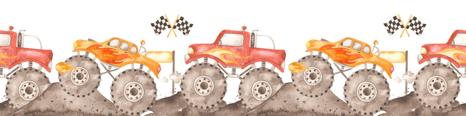 Watercolor seamless border with monster trucks on a trampoline with mud and flags