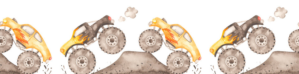 Watercolor seamless border with monster trucks on a trampoline with mud on a white background © MarinaErmakova