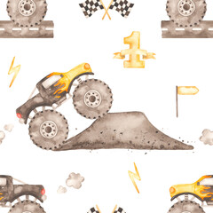 Watercolor seamless pattern with black monster trucks, mud, flags, ribbon, lightning © MarinaErmakova