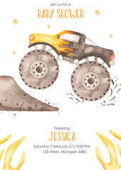 Watercolor baby shower with monster truck black and fire on mud trampoline © MarinaErmakova