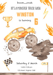 Watercolor children's birthday party invitation with yellow monster truck, winner cup, flag, fire © MarinaErmakova
