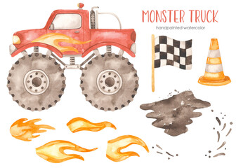 Watercolor monster truck with lightning, mud, SUV, truck, road chip, flag © MarinaErmakova