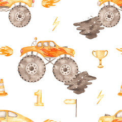Watercolor seamless pattern with yellow monster trucks, mud, flags, goblet, lightning © MarinaErmakova
