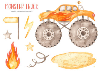Watercolor monster truck with lightning, fire, SUV, truck, pointer, sand, stars © MarinaErmakova
